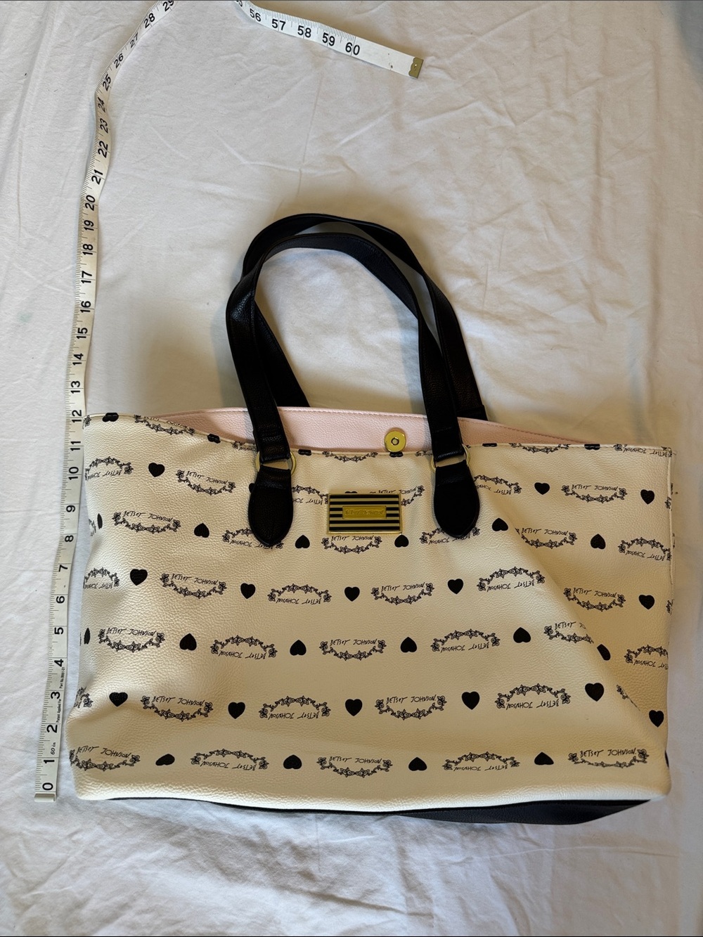 Betsey Johnson Cream and Black Logo Heart Tote with Floral Rose Interior - Picture 2 of 8